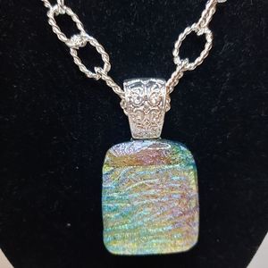 Handmade Dichroic Glass Pendant Necklace and Earrings.